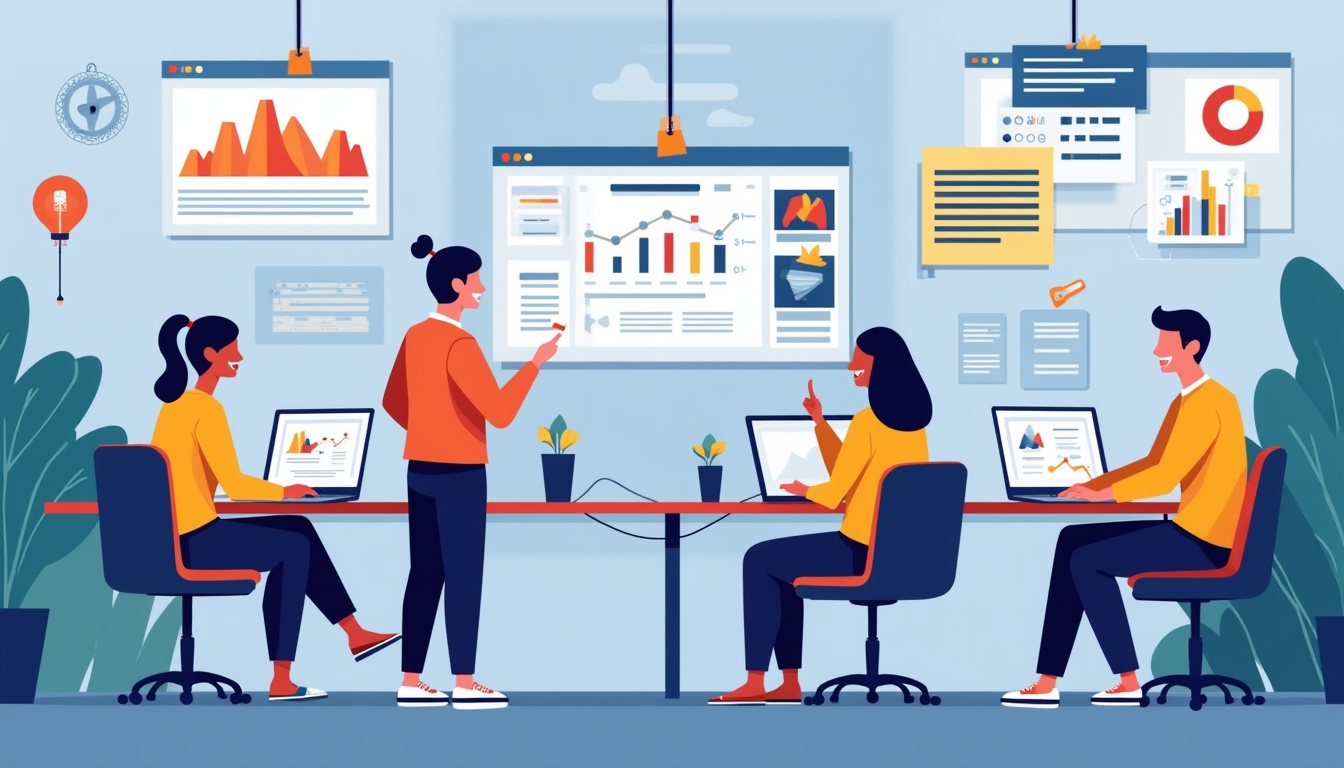 Imagine ilustrând o firmă de creare site web, cu elemente de design și cod, simbolizând procesul de selecție.