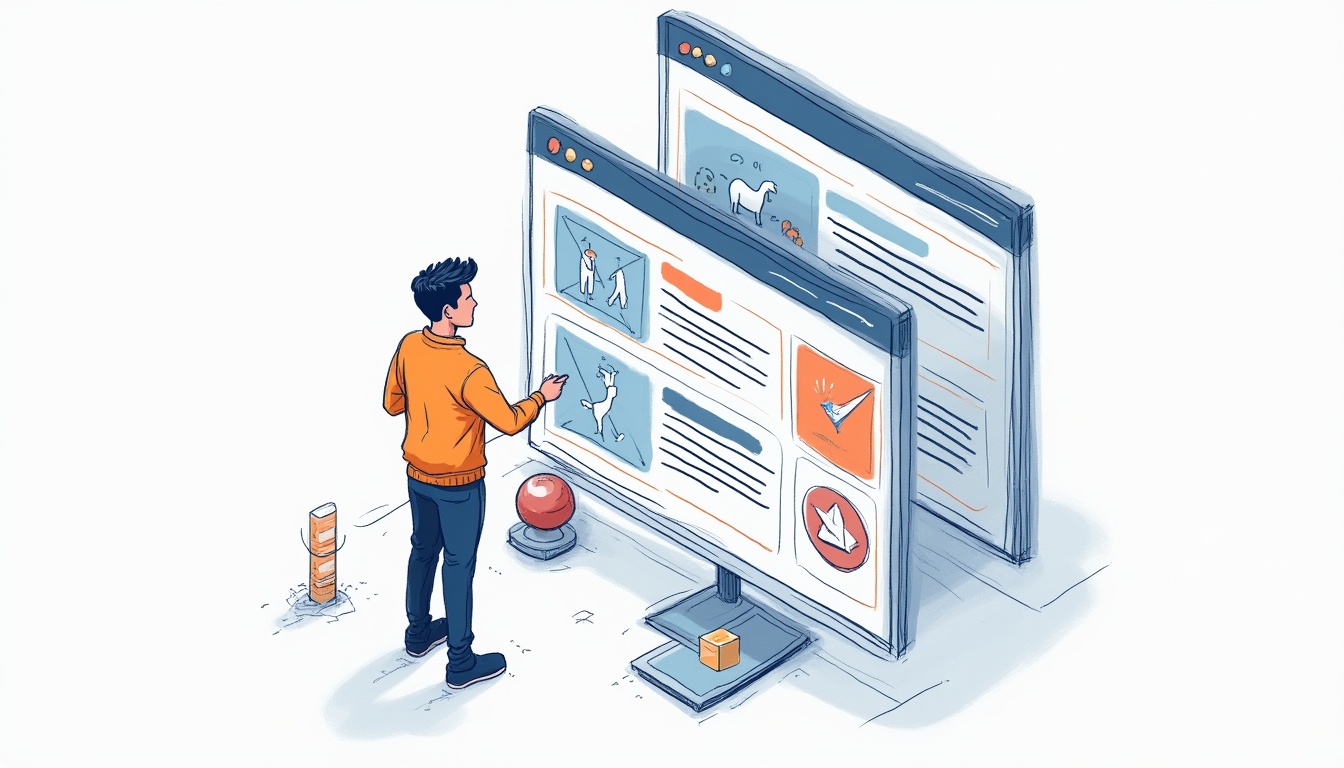Ilustrație digitală reprezentând procesul de creare site stiri modern, cu elemente de inteligență artificială și interfață