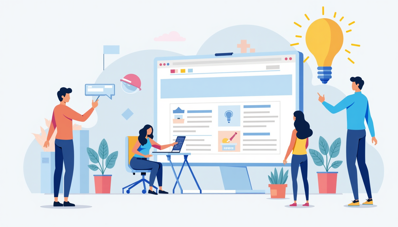 Ilustrație pentru ghidul complet de crearea paginii web, simbolizând procesul de construcție digitală