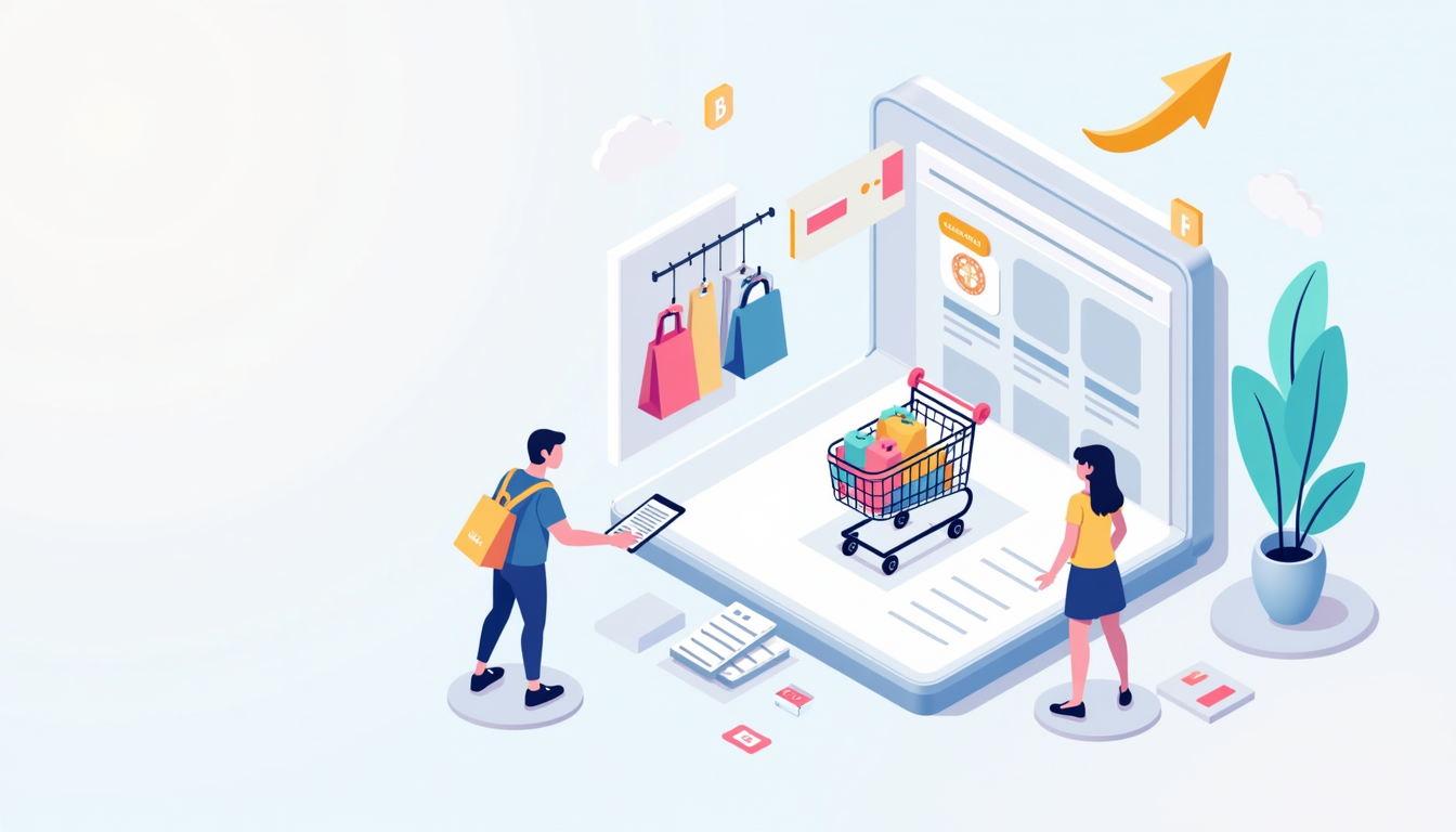 Ilustrație cu un computer și un coș de cumpărături, simbolizând procesul de creare magazin online