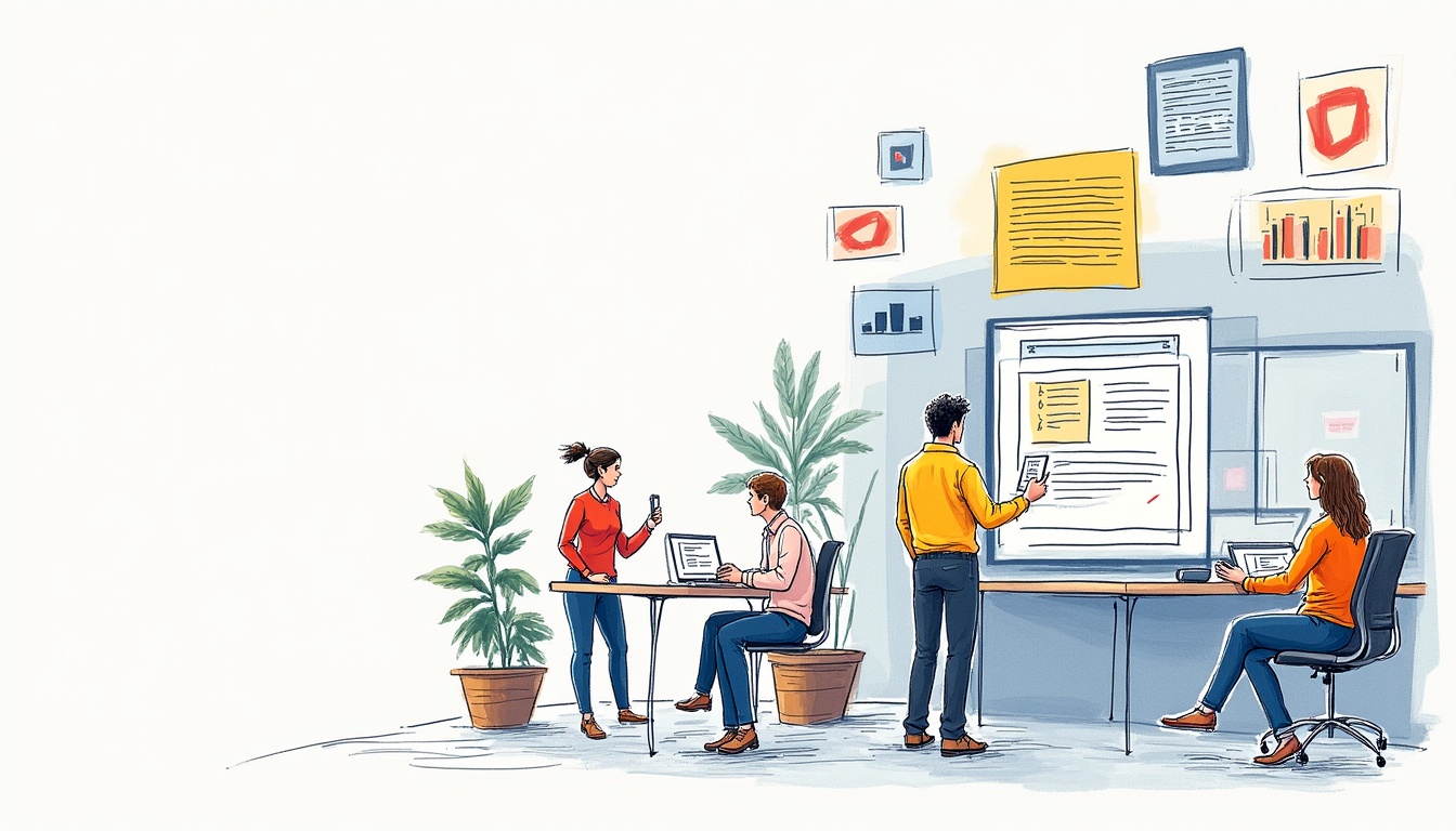 Ilustrație grafică a procesului de creare a paginilor web, cu elemente de design, cod și utilizatori.