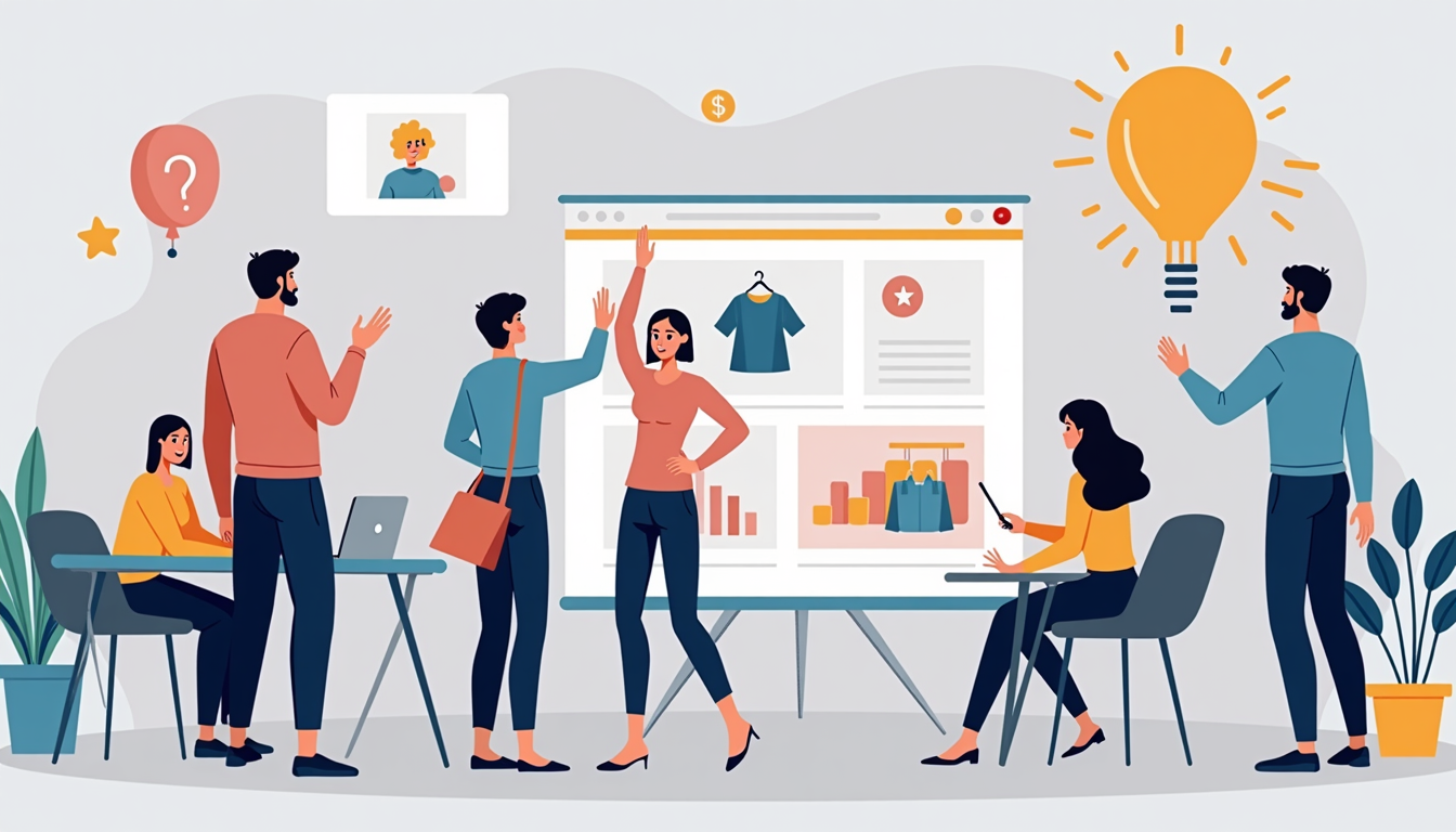 Ilustrație cu elemente de eCommerce și o firmă creare magazin online