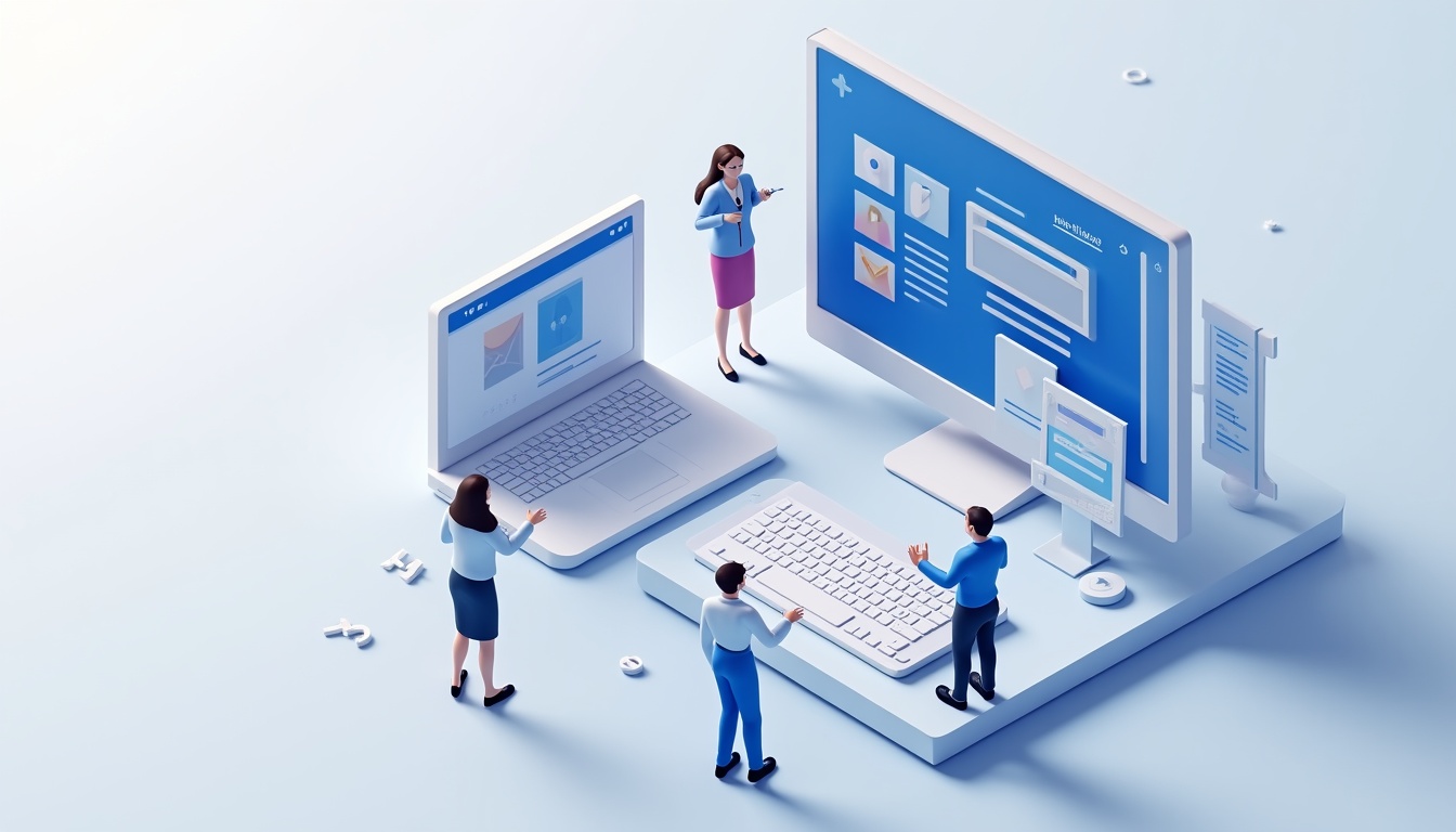 Ilustrație cu un ecran de computer afișând un site de prezentare modern și elemente de design web, simbolizând procesul