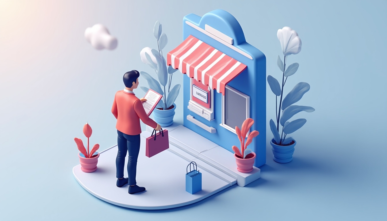 Ilustrație grafică cu elemente cheie pentru creare site magazin online de succes: coș de cumpărături, laptop, telefon mobil